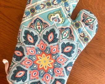 Boho Oven Mitt: Light Blue with Orange & Green Print