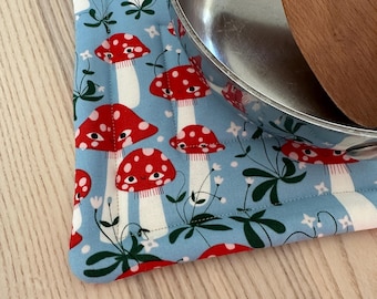 Blue and Red Potholder set with Happy Mushrooms