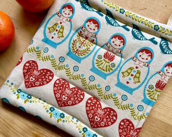 Linen potholder with matroyshka dolls, trivet, hot pad,  folk art decor, colorful hot pad