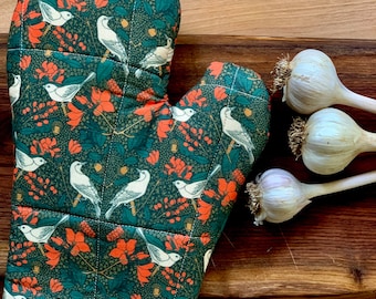 Oven Mitt, birds and flowers, green oven mitt, Fall Season potholder