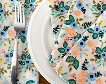 Summer Napkin Set with peach and blue flowers, Rifle Paper Company, cotton napkin set, beautiful table setting