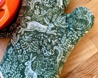 Oven Mitt, Dark Green and Light Blue, Wildwood Fable from Rifle Paper Co, Rabbits and Flowers