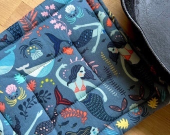 Potholder Set with mermaids, and colorful sea creatures, colorful summer trivet set
