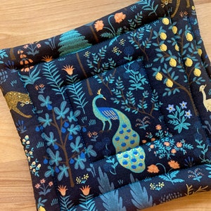 Potholder, Hot Pad, Trivet, Black Potholder, Rifle Paper Company, beautiful animal potholder, peacocks and exotic jungle plants!