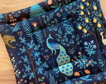 Potholder, Hot Pad, Trivet, Black Potholder, Rifle Paper Company, beautiful animal potholder, peacocks and exotic jungle plants!