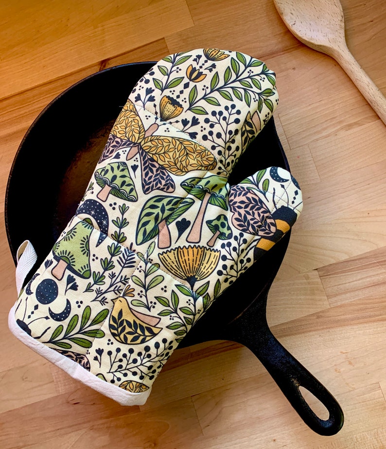 Oven Mitt, Bees, Mushrooms and Butterflies, cute oven mitt, green oven mitt, unique kitchen decor, yellow potholder