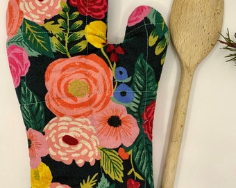 Oven Mitt, Rifle Paper Company linen oven glove, colorful flower potholder