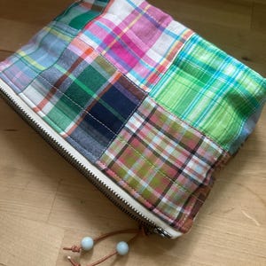 Madras Plaid Zipper Bag, Pink Patchwork bag, stash bag, craft supply bag, sewing pouch, accessory bag