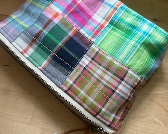 Madras Plaid Zipper Pouch: Patchwork Stash Bag with Tassel
