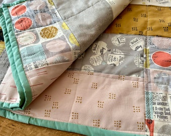Lap Blanket, Modern Baby Patchwork Quilt, Play mat, Pink, Gray, and Ochre yellow