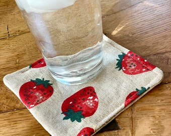 Strawberry Linen Coaster Set: Padded Drink Coasters, Set of 4