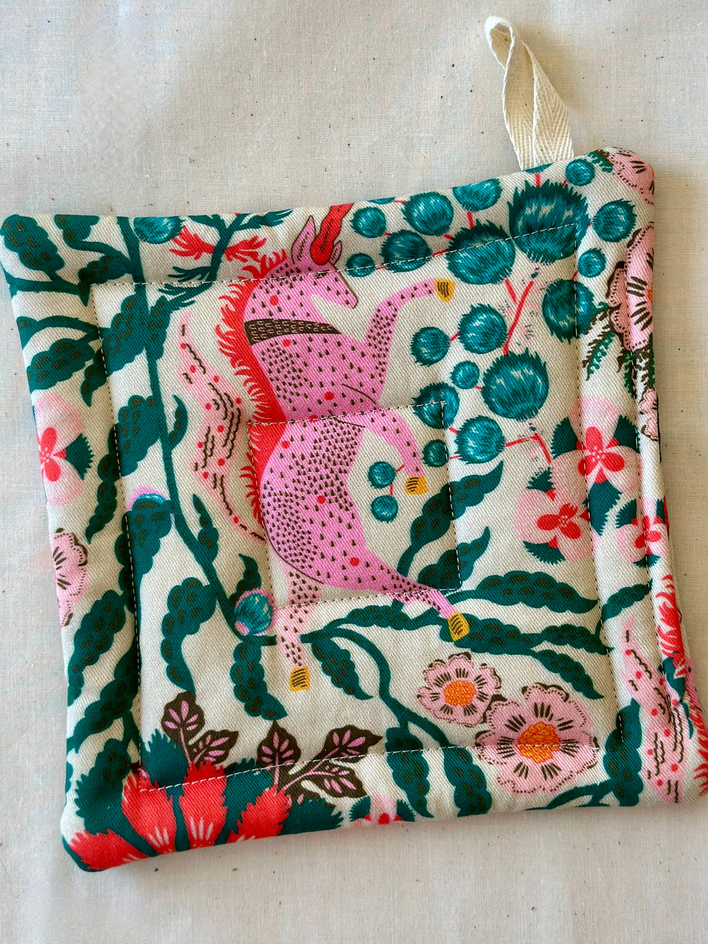 Unicorn Potholder: Organic Cotton Pink Flower Trivet