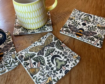 Honeybee Mushroom Coaster Set: Padded Cotton Linen Coasters