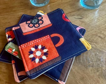 Coaster Set, Retro Coffee Cups and Flowers, Colorful Fabric Coasters