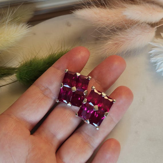 Vintage Art Deco Lab-Grown Ruby Stud Earrings, 92… - image 2