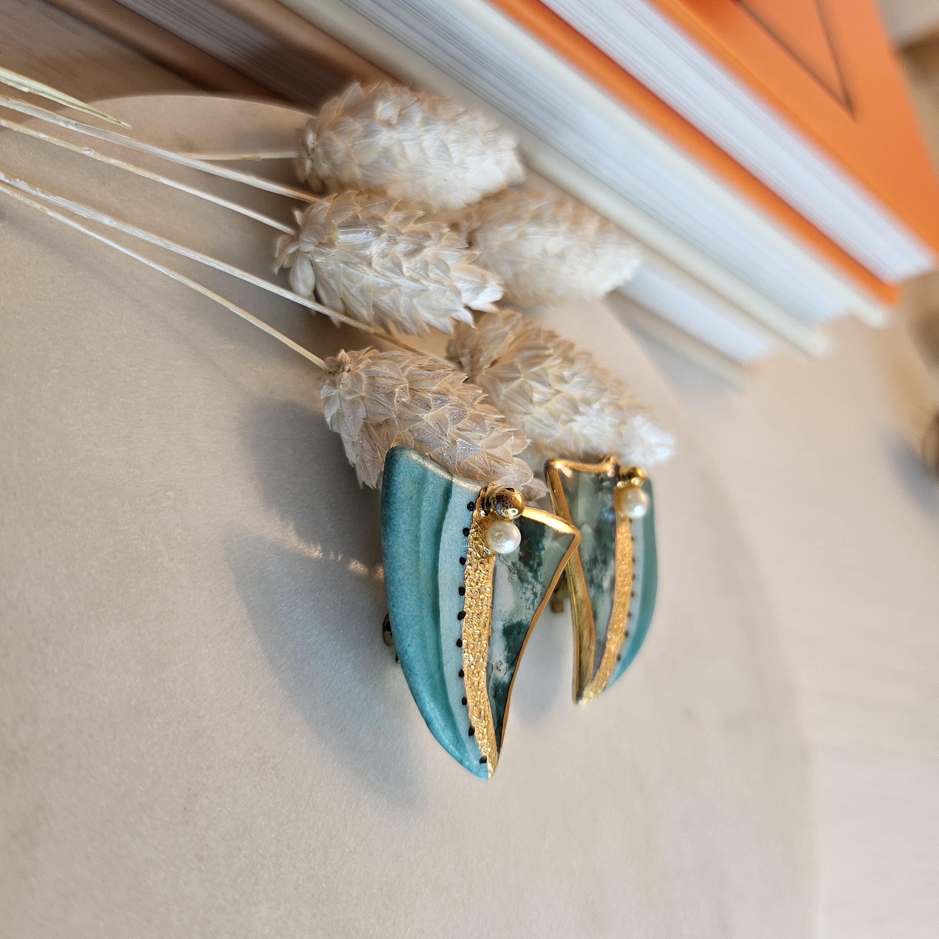 Boucles D'Oreilles Vintage Clips - Porcelaine Turquoise Et Métal Doré - Style Rétro