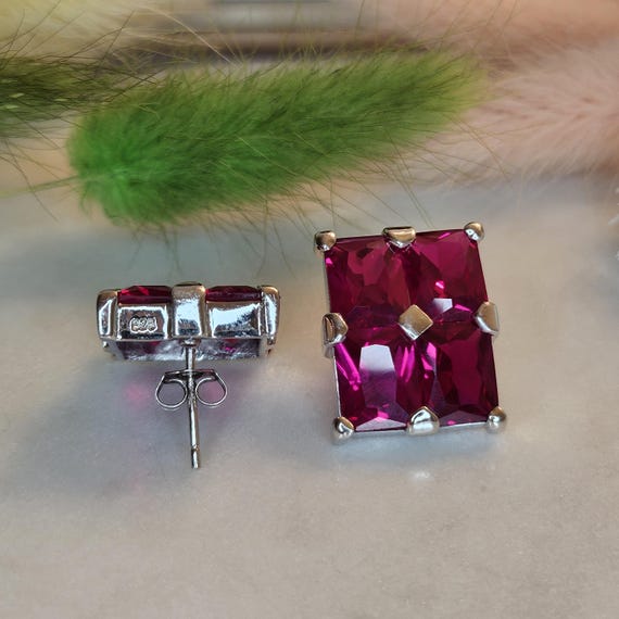 Vintage Art Deco Lab-Grown Ruby Stud Earrings, 92… - image 4
