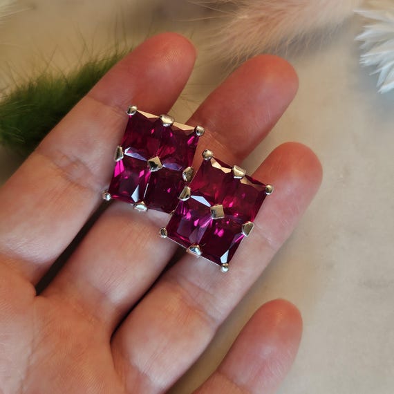 Vintage Art Deco Lab-Grown Ruby Stud Earrings, 92… - image 7