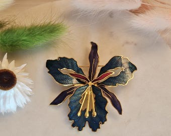 Vintage Floral Cloisonne Brooch Orchid Enamel Jewelry Vintage Pin Gift for her Floral Brooch