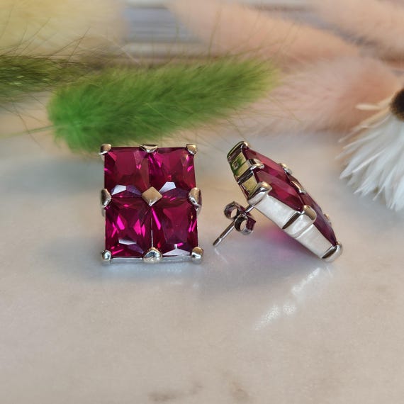 Vintage Art Deco Lab-Grown Ruby Stud Earrings, 92… - image 6