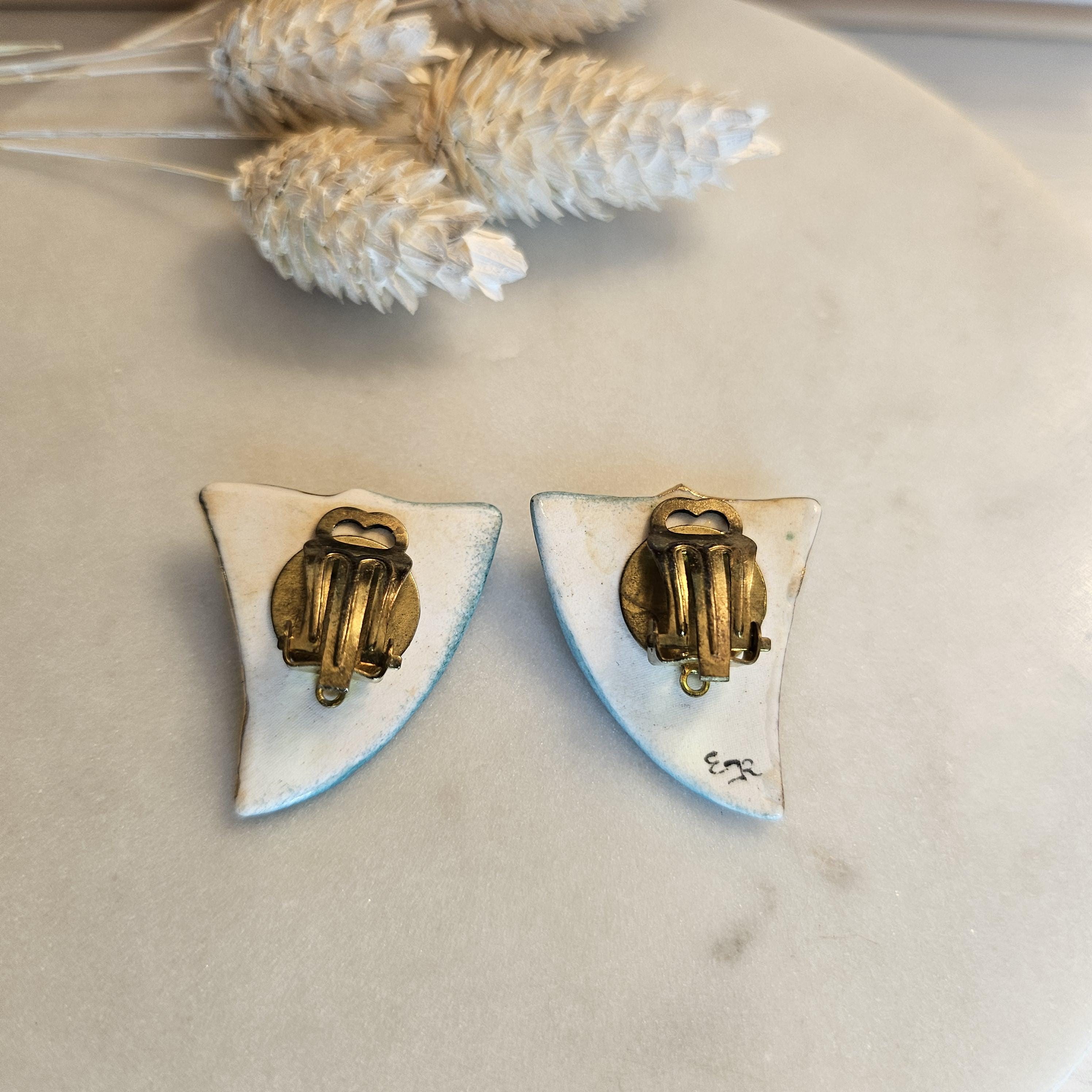 Boucles D’oreilles Vintage Clips - Porcelaine Turquoise Et Métal Doré, Style Fantaisie Rétro