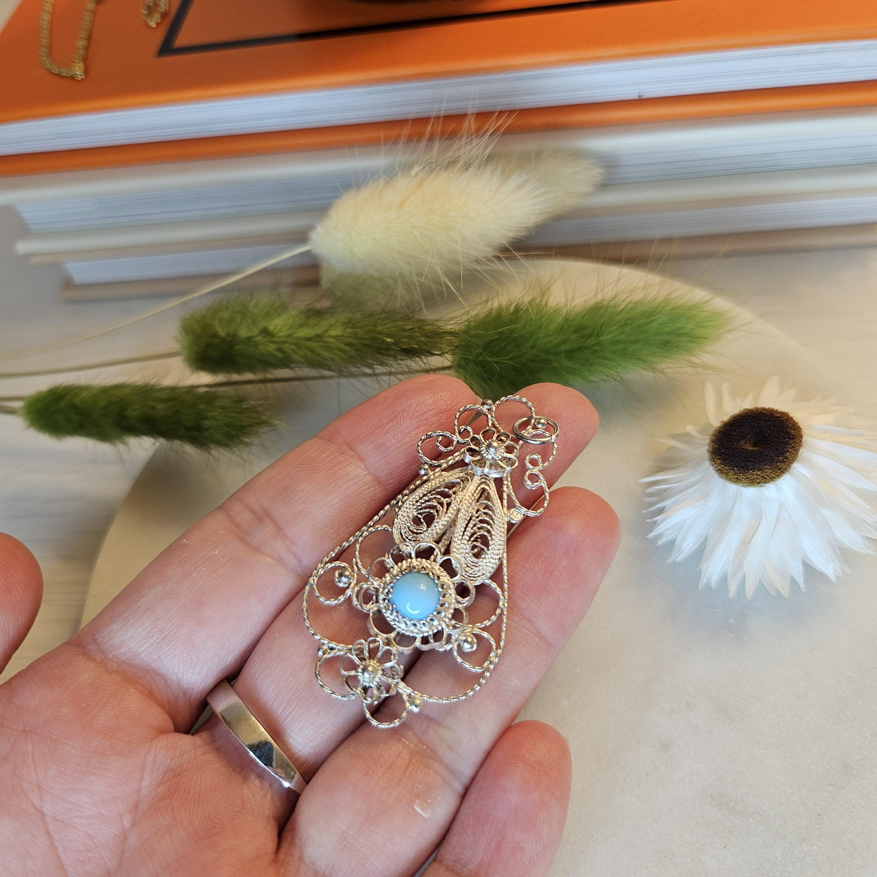 【259】ターコイズ　銀線細工　フィリグリー　ヴィンテージペンダントトップ ヴィンテージ 925 シルバー フィリグリー ペンダント：イオニア海