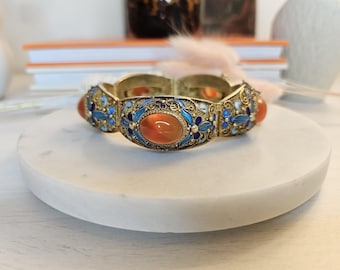 Vintage Silver Vermeil Bracelet Gold plated enamel carnelian bracelet Chinese Jewelry Filigree Jewelry Christmas present