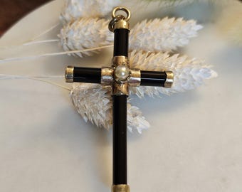 Rare Onyx and Gold Vermeil Antique Victorian Cross Pendant from the late 1800s Antique Jewelry Rolled Gold Pendant