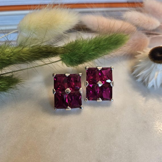 Vintage Art Deco Lab-Grown Ruby Stud Earrings, 92… - image 5