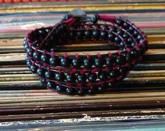 Black and red leather beaded wrap bracelet