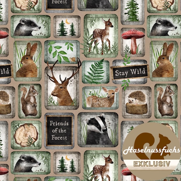 0890 Stoff „Waldliebe“ Eigenproduktionen French Terry Jersey Musselin Baumwolle Softshell Canvas Panama Minky Lycra Satin