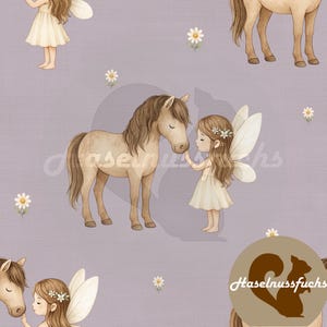 Fabric pattern, pattern design “Fairy with horse” seamless pattern textile print