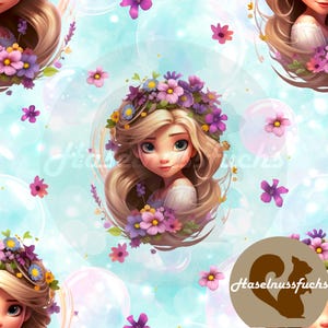 Fabric pattern, pattern design “Girl with flowers” seamless pattern textile print