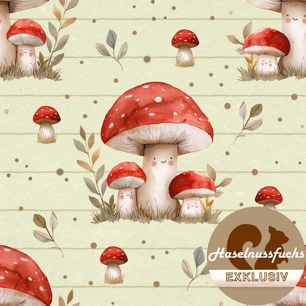 0152 Kinderstoff „Fliegenpilze“ Eigenproduktion French Terry Jersey Musselin Baumwolle Softshell Canvas Panama Minky Lycra Satin