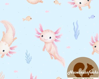 0239 Kinderstof "Axolotl, lichtblauw" Eigen productie French Terry Jersey Mousseline Katoen Softshell Canvas Panama Minky Lycra Satijn