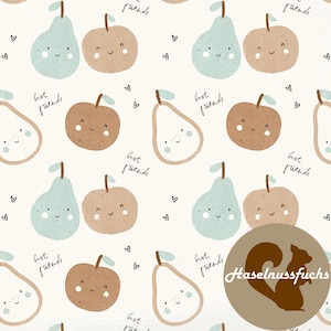 Op de afbeelding: Een herhalend patroon van lachende peren en appels in blauwe, bruine en witte tinten, met de woorden "best friends" en kleine hartjes. Het ontwerp heeft een grillige, cartoonachtige stijl.
