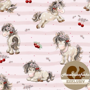 1503 Stoff „Kirsch Pferdchen“ Eigenproduktionen French Terry Jersey Musselin Baumwolle Softshell Canvas Panama Minky Lycra Satin