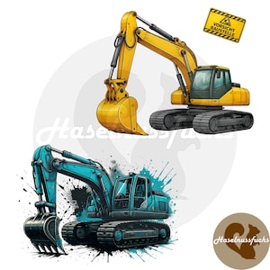 Könnte beinhalten: Zwei Bagger-Illustrationen, einer gelb und einer blau. Der gelbe Bagger hat schwarze Ketten, der blaue Farbspritzer. Ein gelbes Schild mit deutschem Text befindet sich oben rechts.