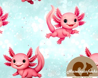 0310 Kinderstof "Axolotl, roze" Eigen productie French Terry Jersey Mousseline Katoen Softshell Canvas Panama Minky Lycra Satijn