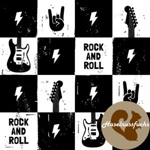Op de afbeelding: Zwart-wit geruit patroon met rock-and-roll-thema graphics. Bevat elektrische gitaren, bliksemschichten en het handgebaar voor rock. De woorden "ROCK AND ROLL" zijn ook afgebeeld.