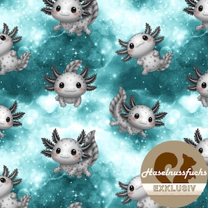 Könnte beinhalten: Ein sich wiederholendes Muster mit Cartoon-Axolotln in Grau- und Weißtönen vor einem türkisfarbenen, nebelartigen Hintergrund. Die Axolotl haben große Augen und federartige Kiemen. Das Design enthält den Text "Haselnussfuchs EXKLUSIV" in einem braunen Kreis.