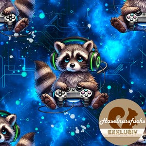 Może przedstawiać: Powtarzający się wzór przedstawiający kreskówkowego szopa pracza w słuchawkach i grającego w grę wideo. Tło jest żywo niebieskie z wzorem płytki drukowanej. Obraz ma zabawną i nowoczesną estetykę.