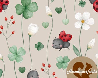 0006 Kinderstof "Lieveheersbeestje" Eigen productie French Terry Jersey Mousseline Katoen Softshell Canvas Panama Minky Lycra Satijn Rib