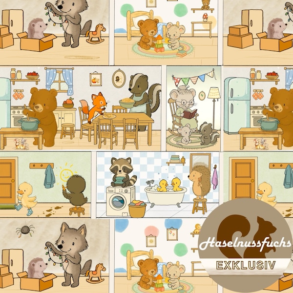 0584 Kinderstoff „Alltagsfreuden“ Eigenproduktionen French Terry Jersey Musselin Baumwolle Softshell Canvas Panama Minky Lycra Satin