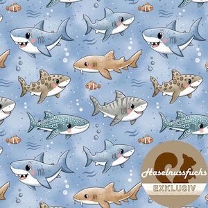 1555 Stoff „Große Haie, kleine Fische“ Eigenproduktionen French Terry Jersey Musselin Baumwolle Softshell Canvas Panama Minky Lycra Satin