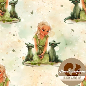 Op de afbeelding: Een herhalend patroon met een jonge vrouw in een groene jurk omringd door groene draken. De achtergrond heeft een aquareleffect met sterren en een licht kleurenpalet. De afbeelding heeft een fantasiethema.