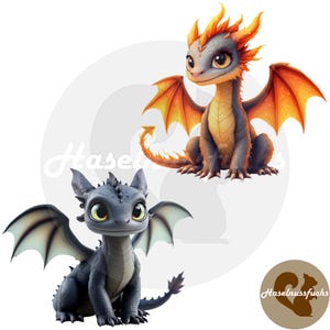 Könnte beinhalten: Zwei Zeichentrickdrachen sind abgebildet. Der obere Drache ist grau mit orangefarbenen Flügeln und Hörnern. Der untere Drache ist dunkelgrau mit schwarzen Flügeln. Beide Drachen haben große Augen und sitzen. Das Bild hat den Text "Haselnussfuchs".