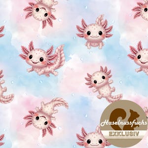 Könnte beinhalten: Ein wiederkehrendes Muster aus hellrosa Axolotln mit dunklen Augen und federartigen Kiemen auf einem weichen Aquarellhintergrund in Blau- und Rosatönen mit kleinen Blasen. Ein kreisförmiges Logo zeigt eine braune Eichhörnchen-Silhouette und den Text Haselnussfuchs EXKLUSIV.
