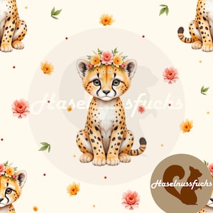 Fabric pattern, pattern design “Cheetah with flowers” seamless pattern textile print