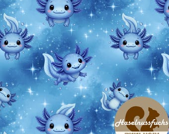 1062 Stof “Axolotl, blauw” Eigen productie French Terry Jersey Mousseline Katoen Softshell Canvas Panama Minky Lycra Satijn